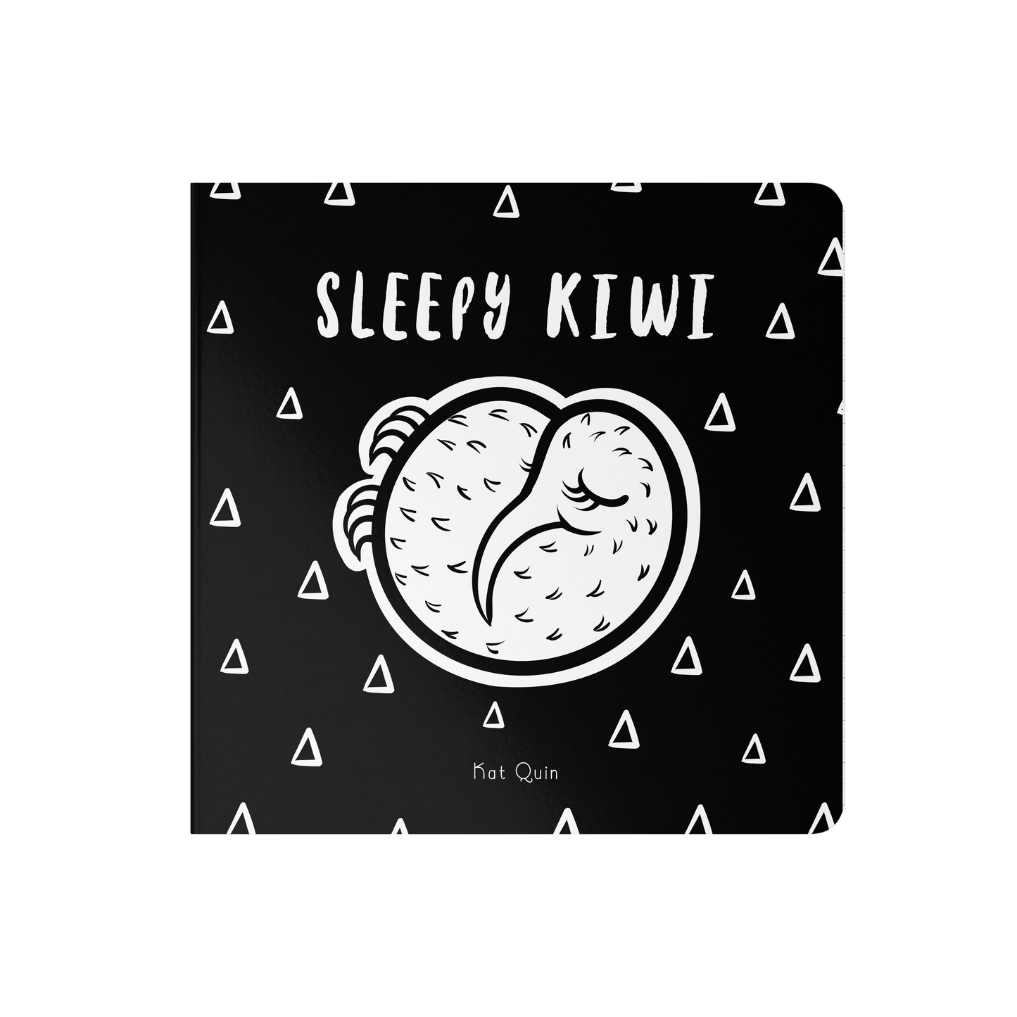 Sleepy Kiwi - Board Book. Cover: triangle pattern on black background with white sleeping Kiwi bird in the centre.