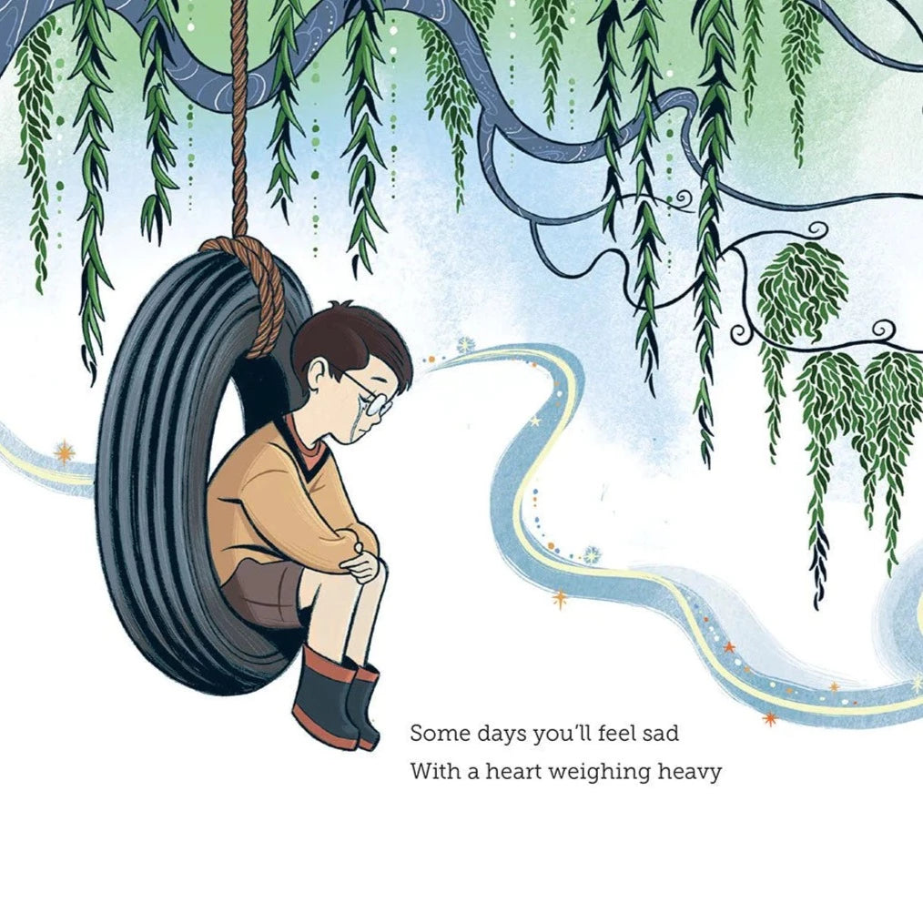 Page inside Let It Go, with a child sitting on a tyre swing, crying.