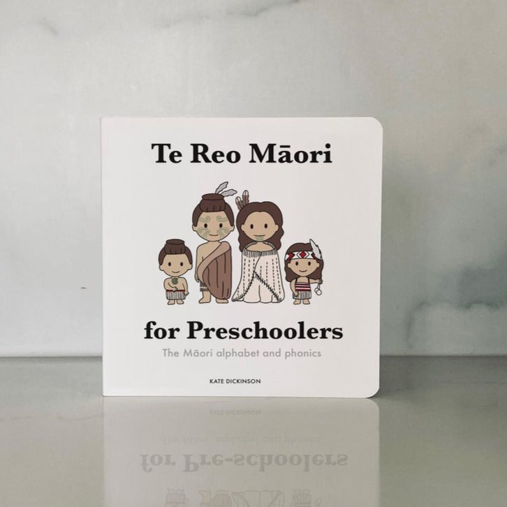 Te Reo Māori for Preschoolers - Board Book. Cover: a family dressed in traditional Maori cultural dress on a white background.