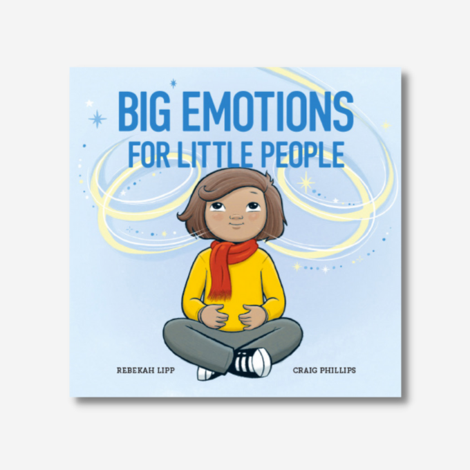 Big Emotions for Little People - Board Book. Cover: brown-haired girl sitting cross-legged in yellow shirt and red scarf.