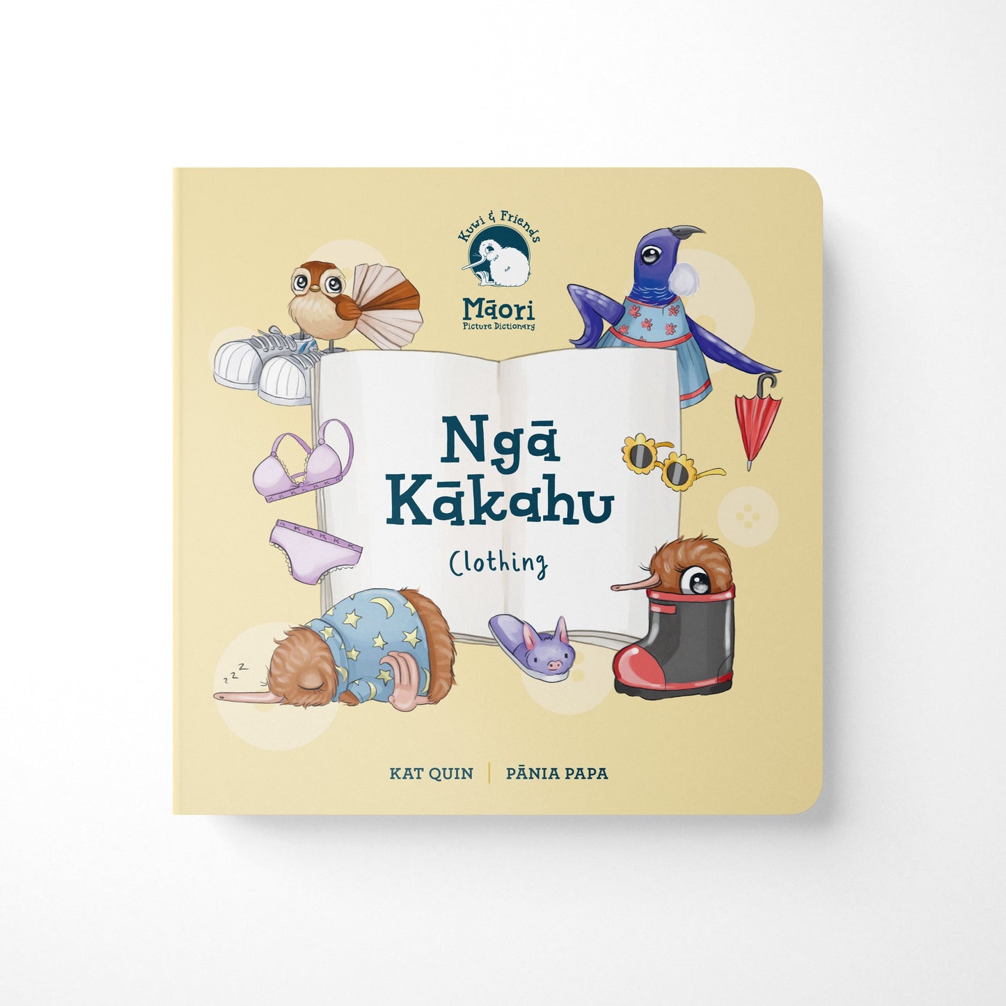 Kuwi & Friends: Ngā Kākahu - Clothing - Board Book. Native New Zealand birds modelling different clothing items against a yellow background.