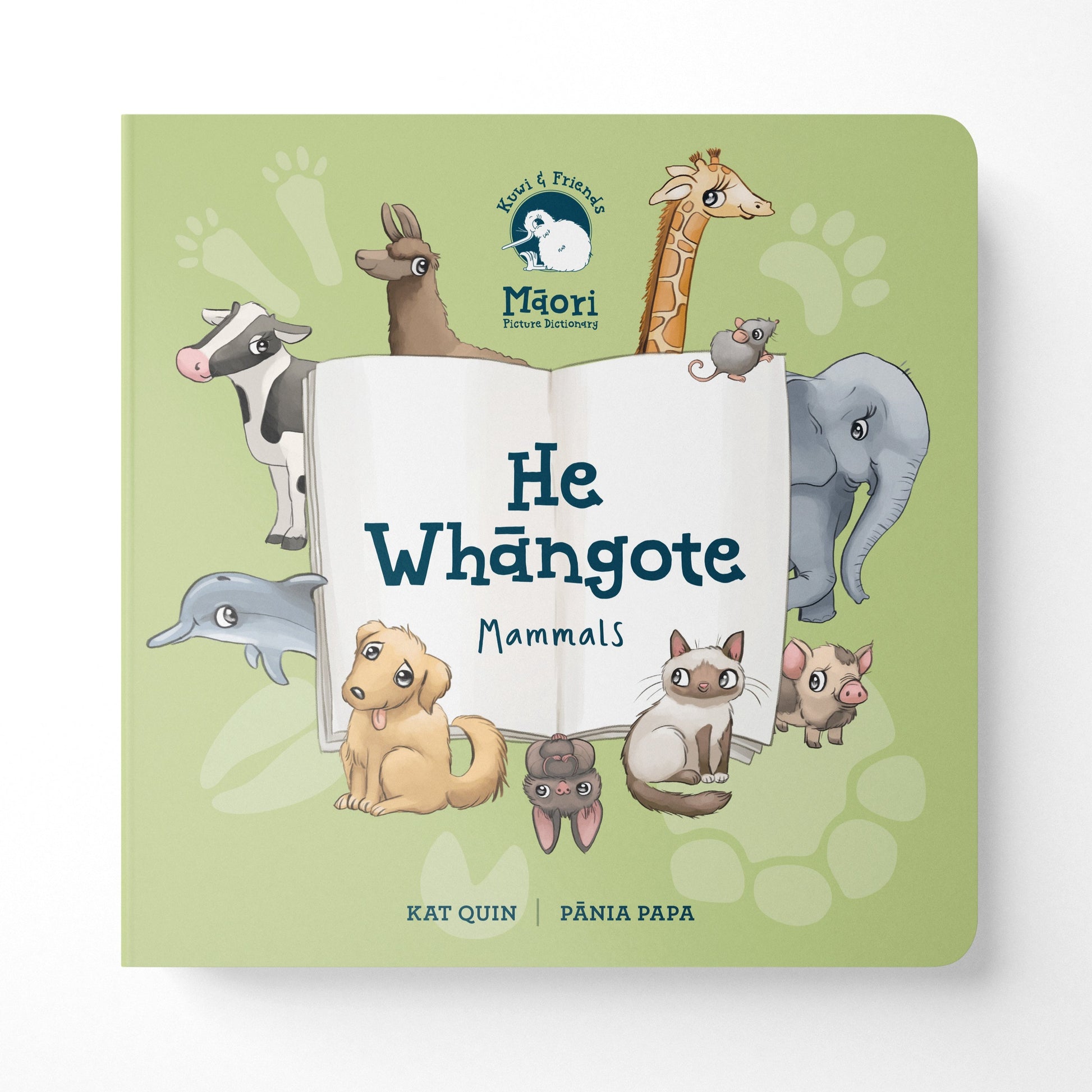 Kuwi & Friends: He Whāngote - Mammals - Board Book. A variety of wild and pet mammals against a green background.