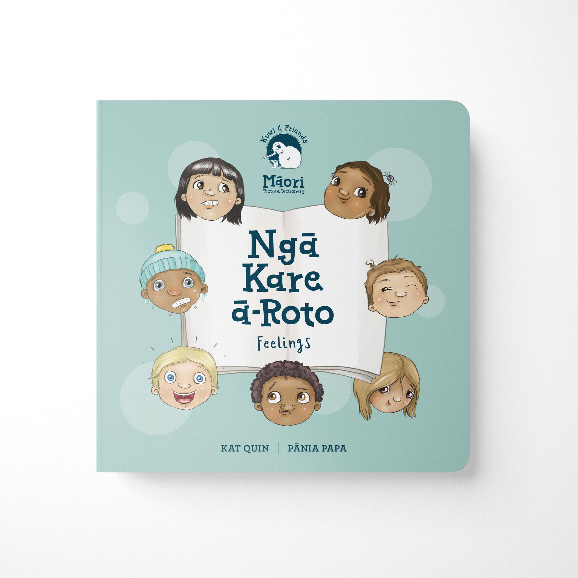 Kuwi & Friends: Ngā Kare ā-Roto - Feelings - Board Book. Pictures of children experiencing different emotions against blue background.