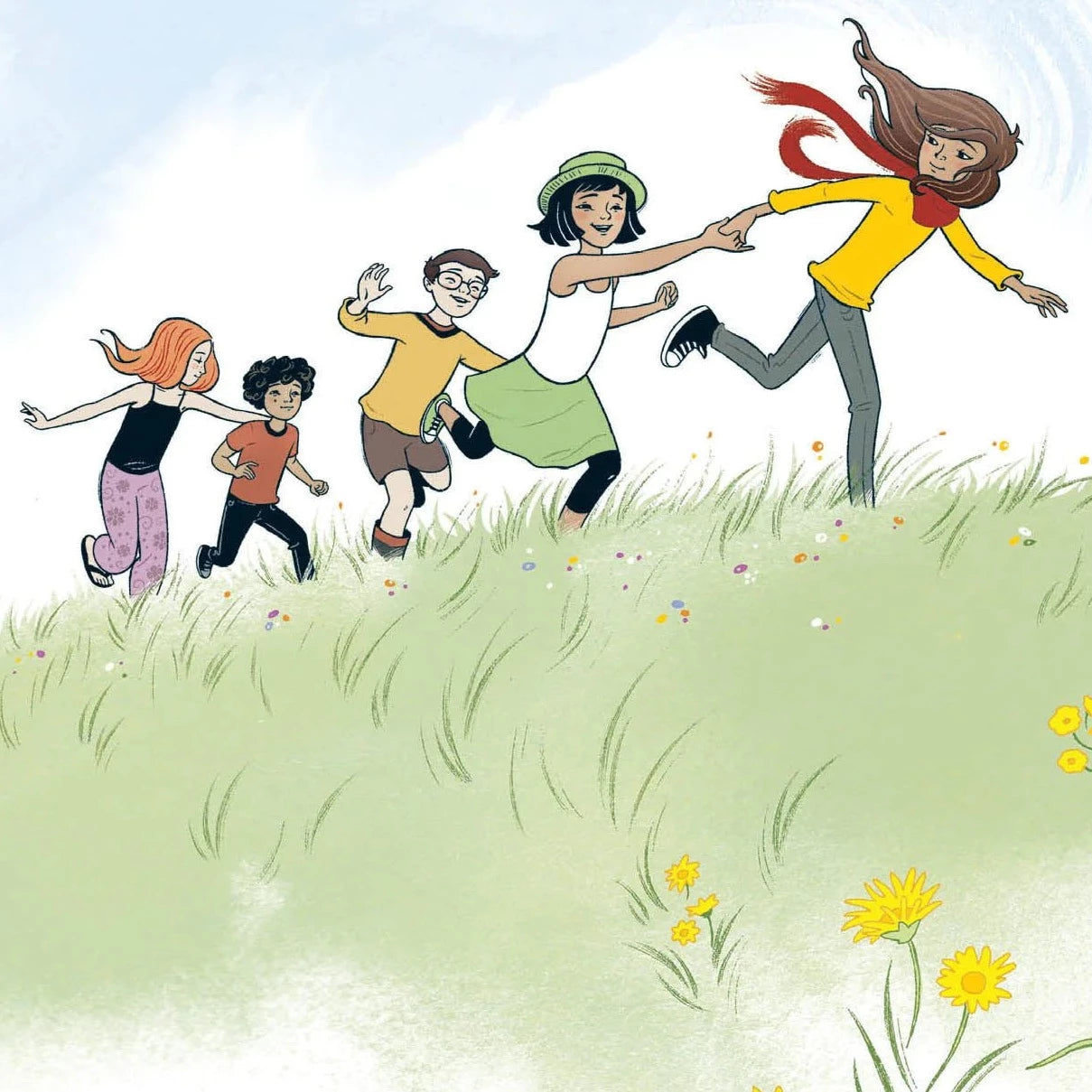 Picture of Aroha running along with four friends in a meadow.