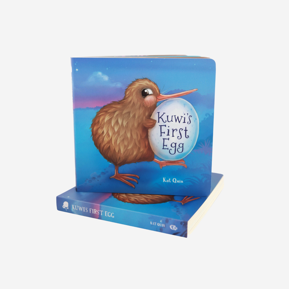 Kuwi's First Egg - Board Book. Cover: Brown Kiwi holding an egg.