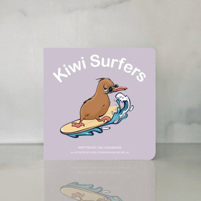 Kiwi Surfers - Board Book. Cover: Kiwi bird wearing sunglasses while surfing a wave.
